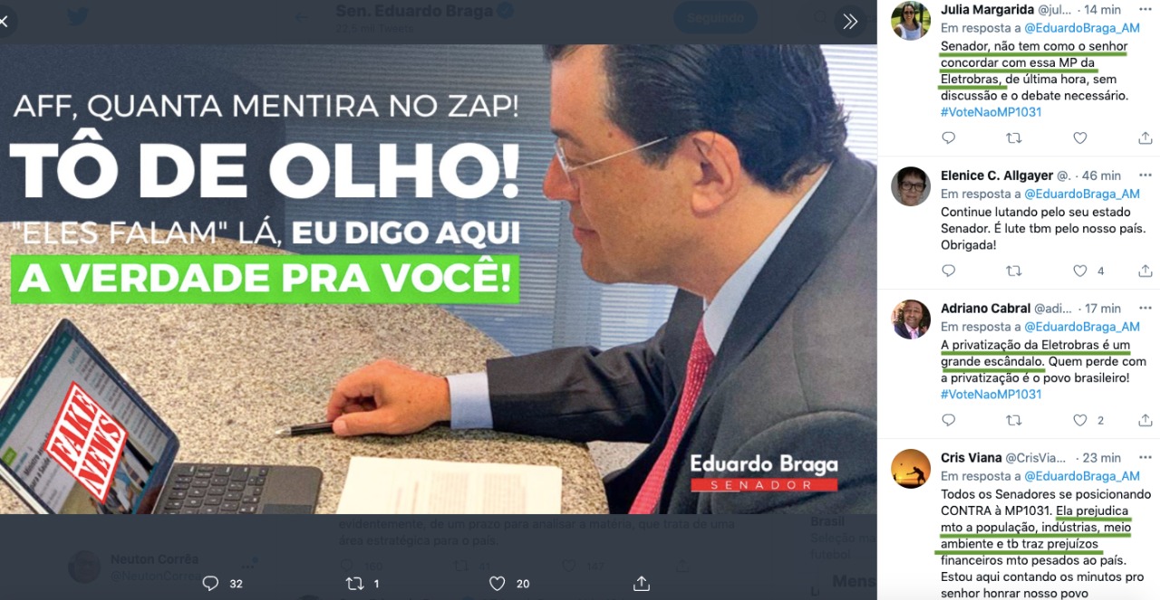 Braga é bombardeado no Twitter sobre a venda da Eletrobras