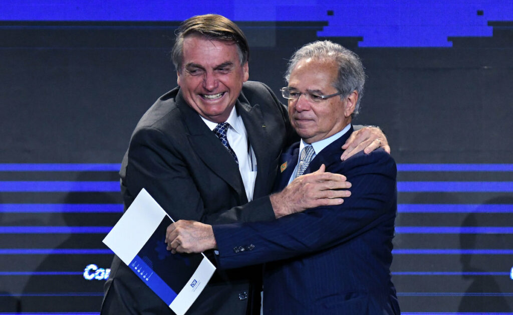 Bolsonaro e Paulo Guedes, em evento do Ministério da Economia