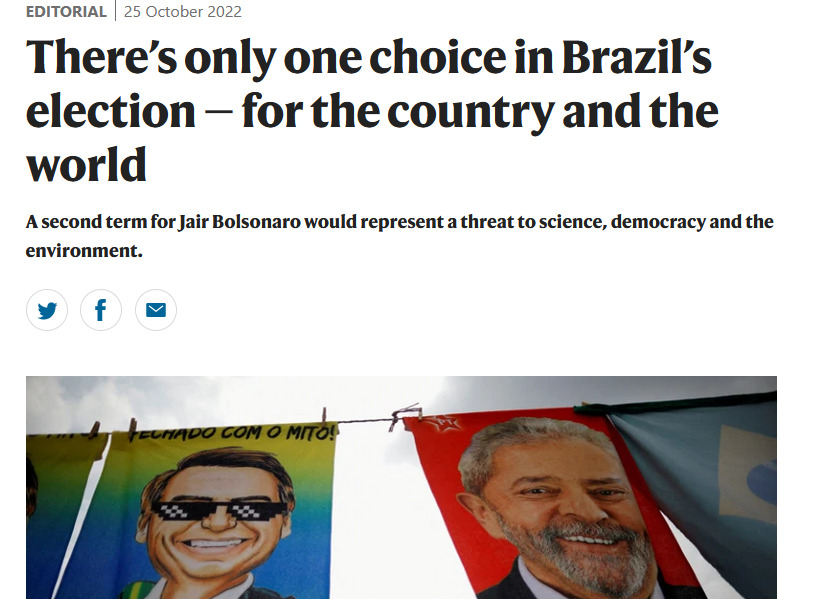 Editorial da revista Nature alerta para os perigos de um segundo mandato de Bolsonaro